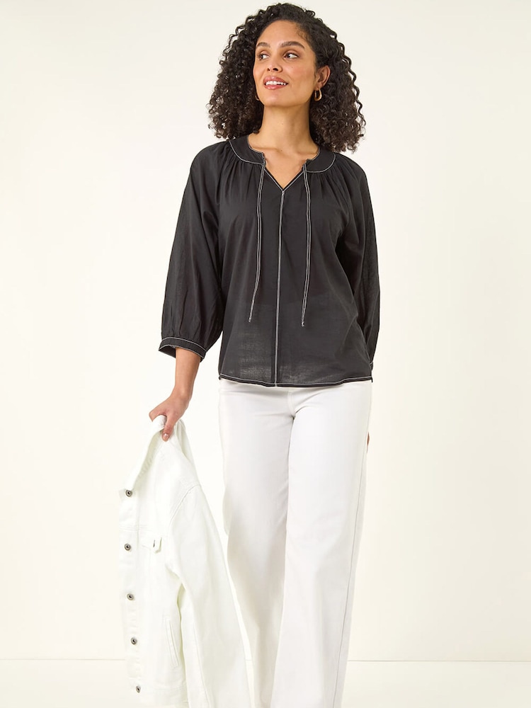 Negro - Roman Stitch Detail Tie Front Top - Imagen 1 de 5