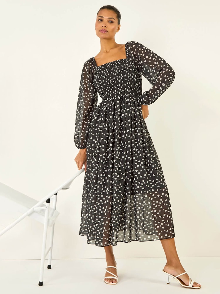 Roman Black Abstract Spot Shirred Midi Dress - Image 1 of 5