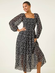 Roman Black Abstract Spot Shirred Midi Dress - Image 2 of 5