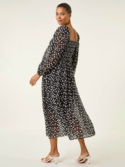 Roman Black Abstract Spot Shirred Midi Dress - Image 3 of 5