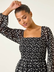 Roman Black Abstract Spot Shirred Midi Dress - Image 4 of 5