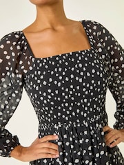 Roman Black Abstract Spot Shirred Midi Dress - Image 5 of 5