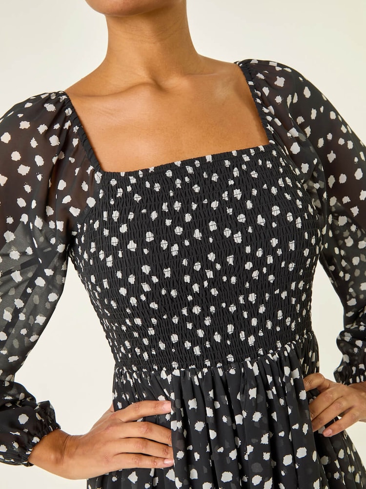 Roman Black Abstract Spot Shirred Midi Dress - Image 5 of 5