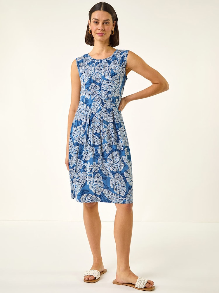 Roman Blue Leaf Print Panel Dress - Image 1 of 5
