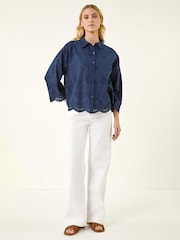 Roman Blue Broderie Hem Buttoned Shirt - Image 2 of 5