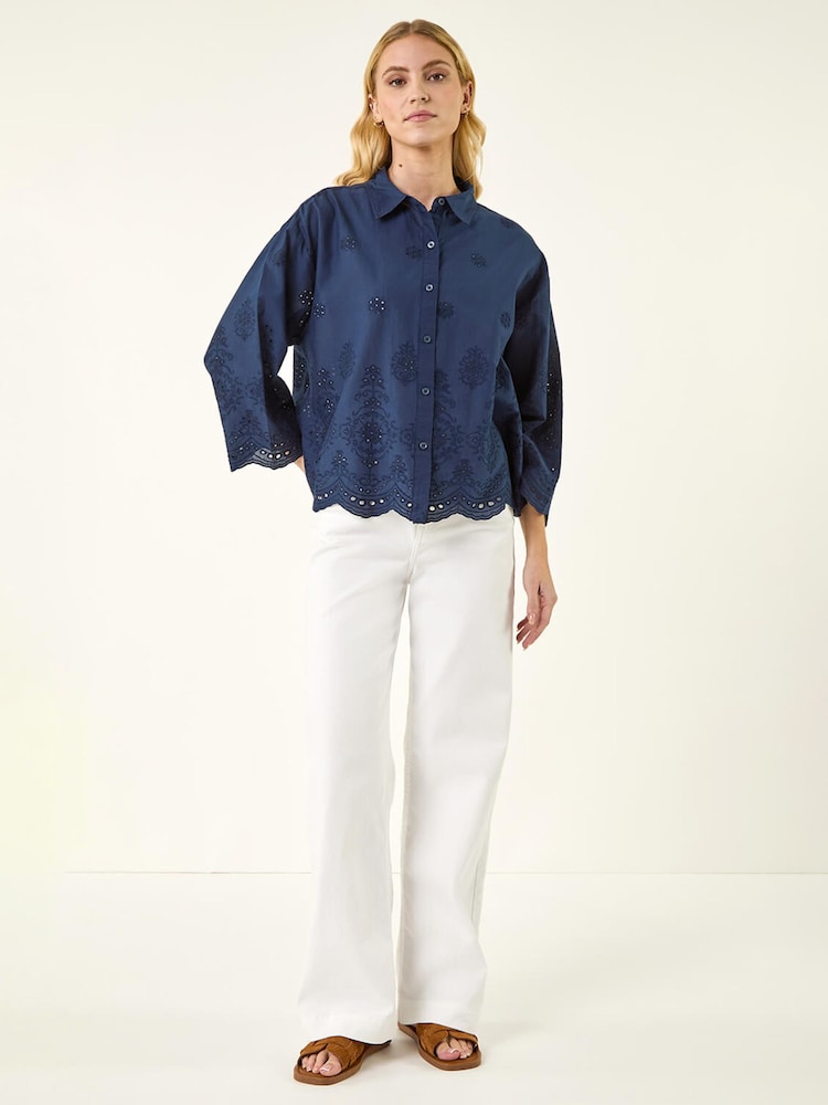 Roman Blue Broderie Hem Buttoned Shirt - Image 2 of 5