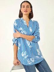 Roman Blue Floral Stripe Pleated Top - Image 1 of 5