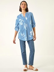Roman Blue Floral Stripe Pleated Top - Image 2 of 5
