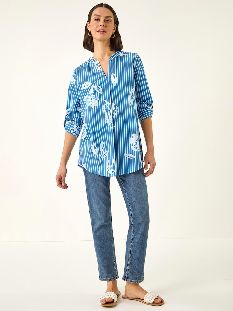 Roman Blue Floral Stripe Pleated Top - Image 2 of 5