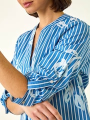 Roman Blue Floral Stripe Pleated Top - Image 5 of 5