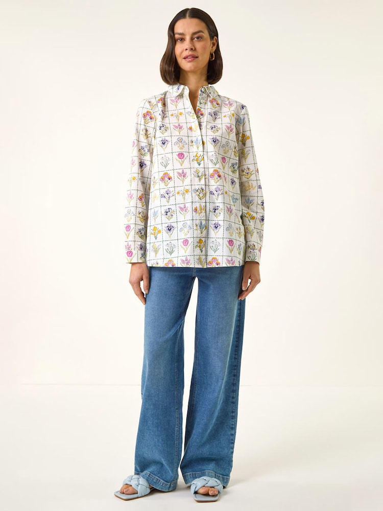 Roman White Botanical Collared Shirt - Image 2 of 5 Roman White Botanical Collared Shirt - Image 2 of 5