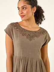 Roman Green Cotton Trim Detail Mini Dress - Image 4 of 5