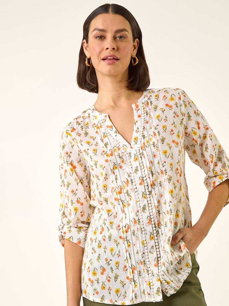 Roman Orange Floral Print Trim Blouse - Image 1 of 5