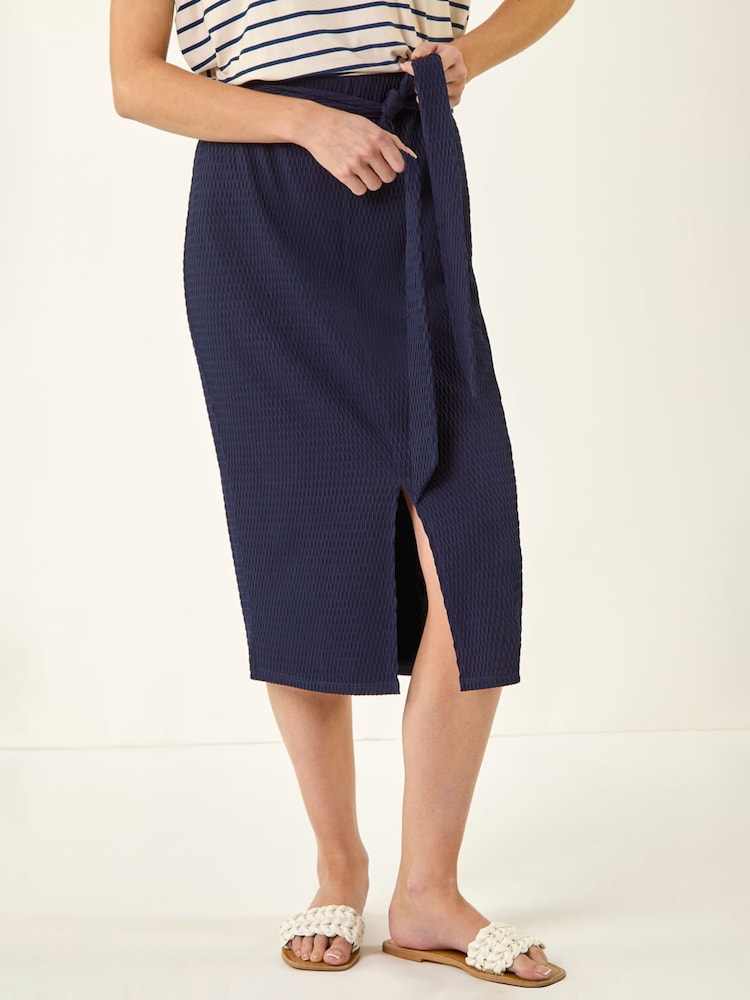 Roman Blue Textured Belted Pencil Skirt - Image 1 of 5