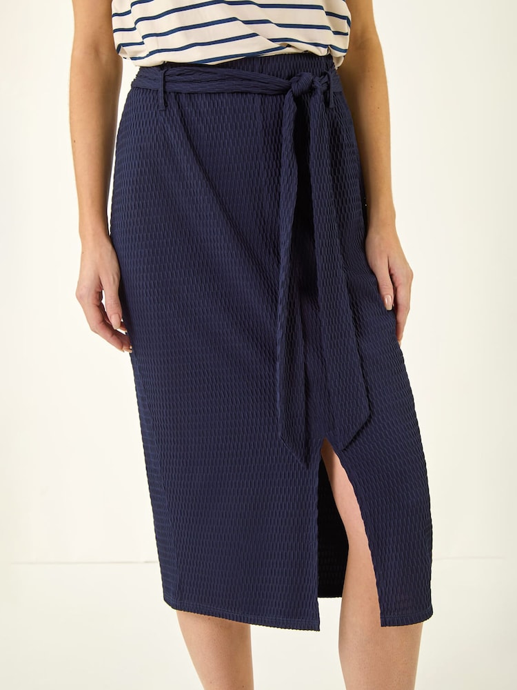 Roman Blue Textured Belted Pencil Skirt - Image 5 of 5