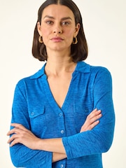 Roman Blue Pocket Front Stretch Blouse - Image 1 of 5