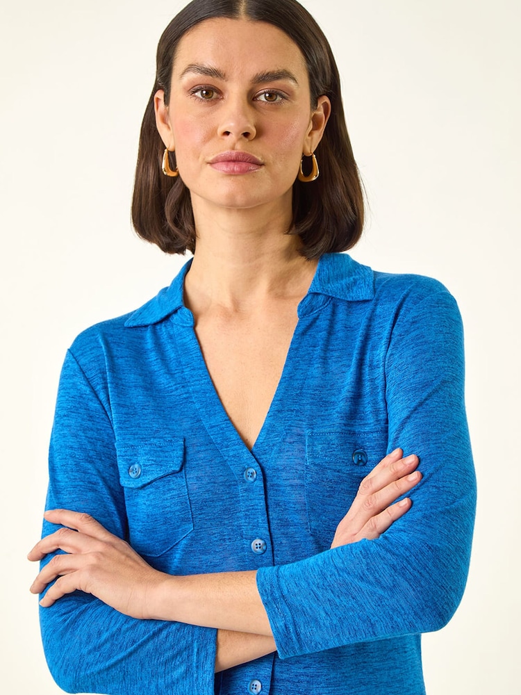 Roman Blue Pocket Front Stretch Blouse - Image 1 of 5