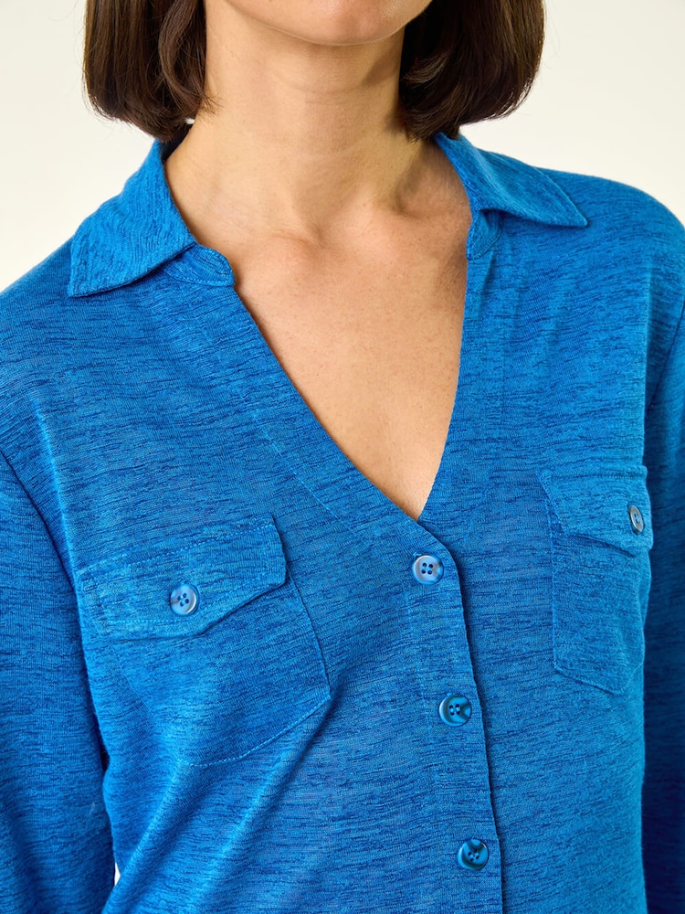 Roman Blue Pocket Front Stretch Blouse - Image 5 of 5