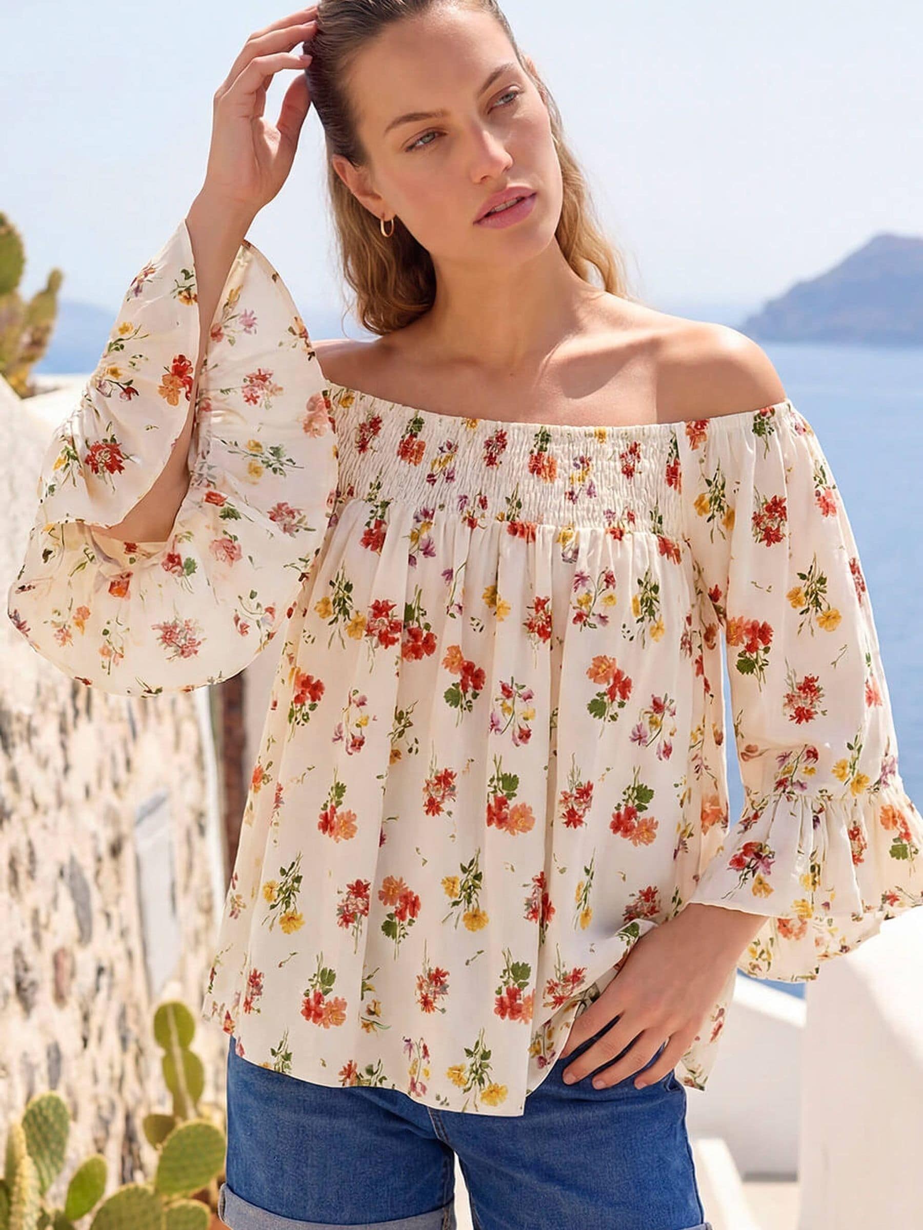 Roman Women's Red Floral Print Bardot Top