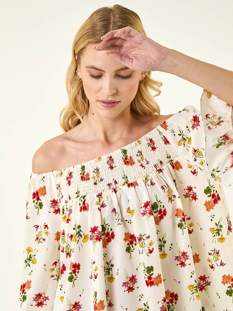 Roman Red Floral Print Bardot Top - Image 1 of 5
