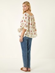 Roman Red Floral Print Bardot Top - Image 3 of 5