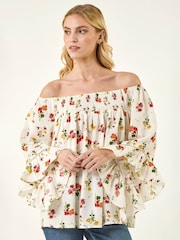 Roman Red Floral Print Bardot Top - Image 4 of 5