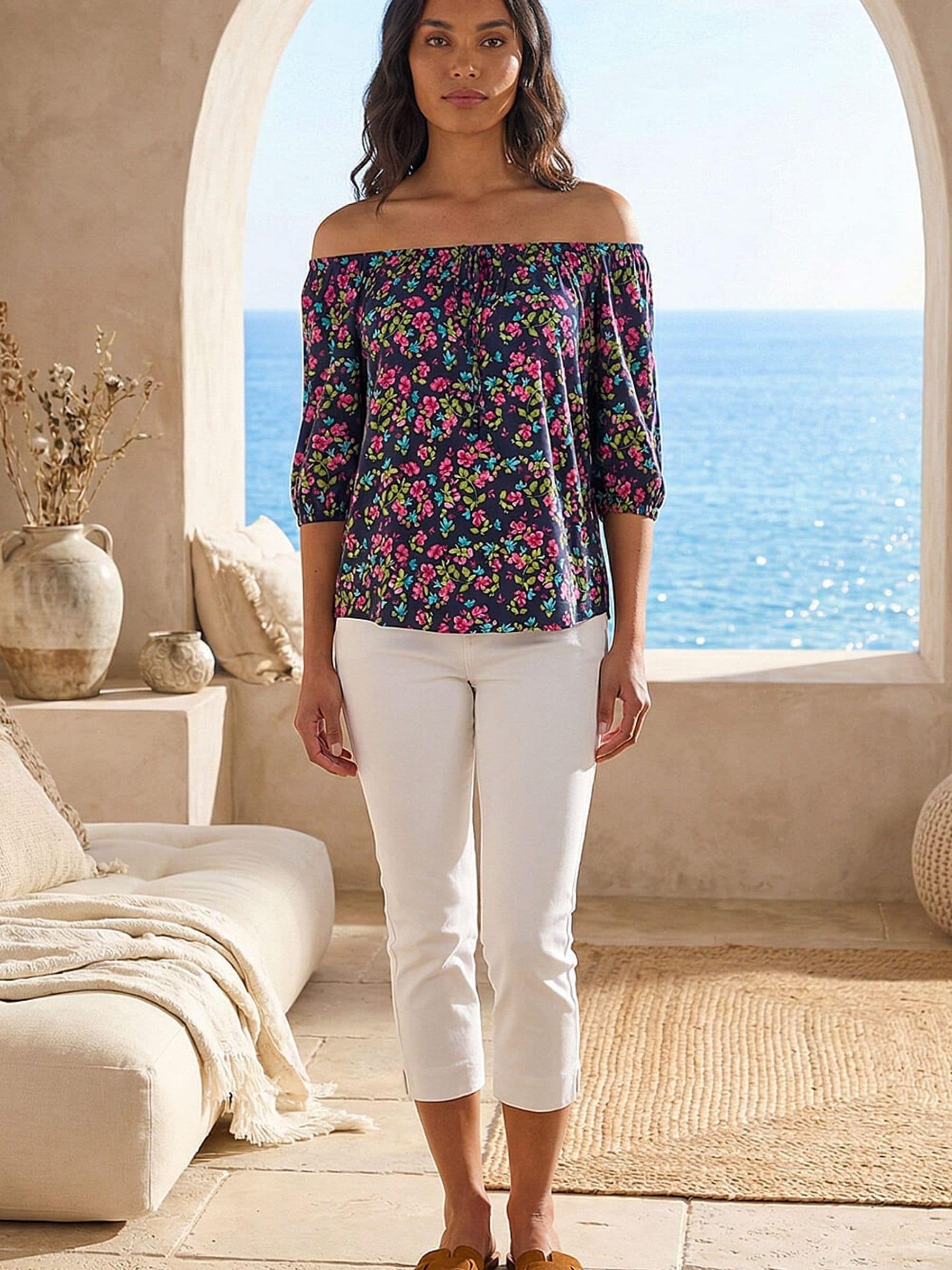 Roman Women's Pink Floral Print Stretch Bardot Top - Image 3