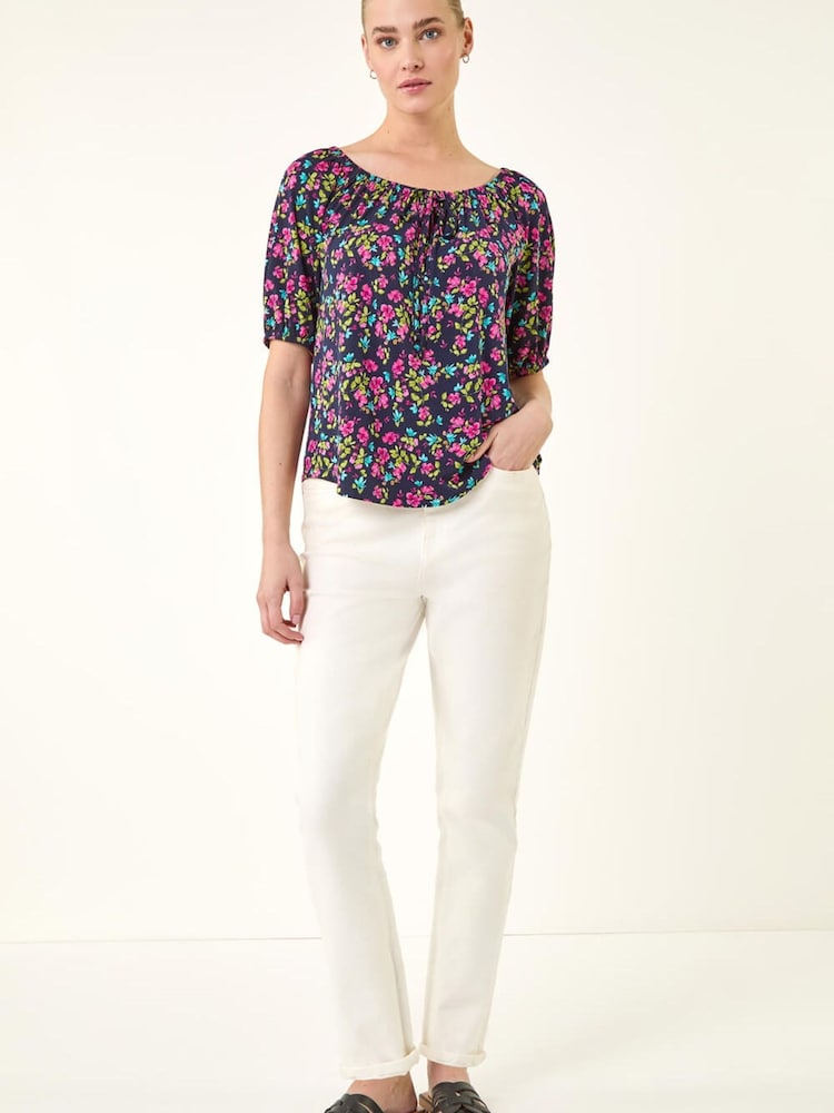 Roman Pink Floral Print Stretch Bardot Top - Image 2 of 5