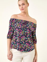 Roman Pink Floral Print Stretch Bardot Top - Image 4 of 5