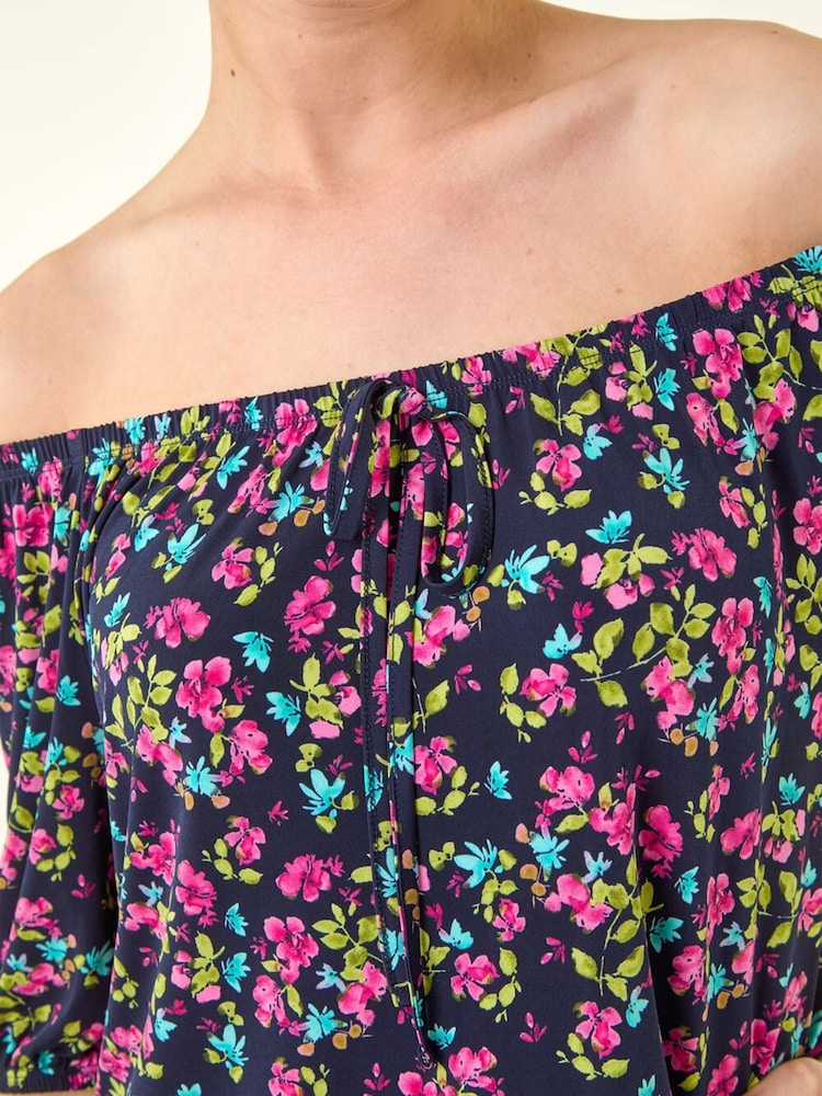 Roman Pink Floral Print Stretch Bardot Top - Image 5 of 5