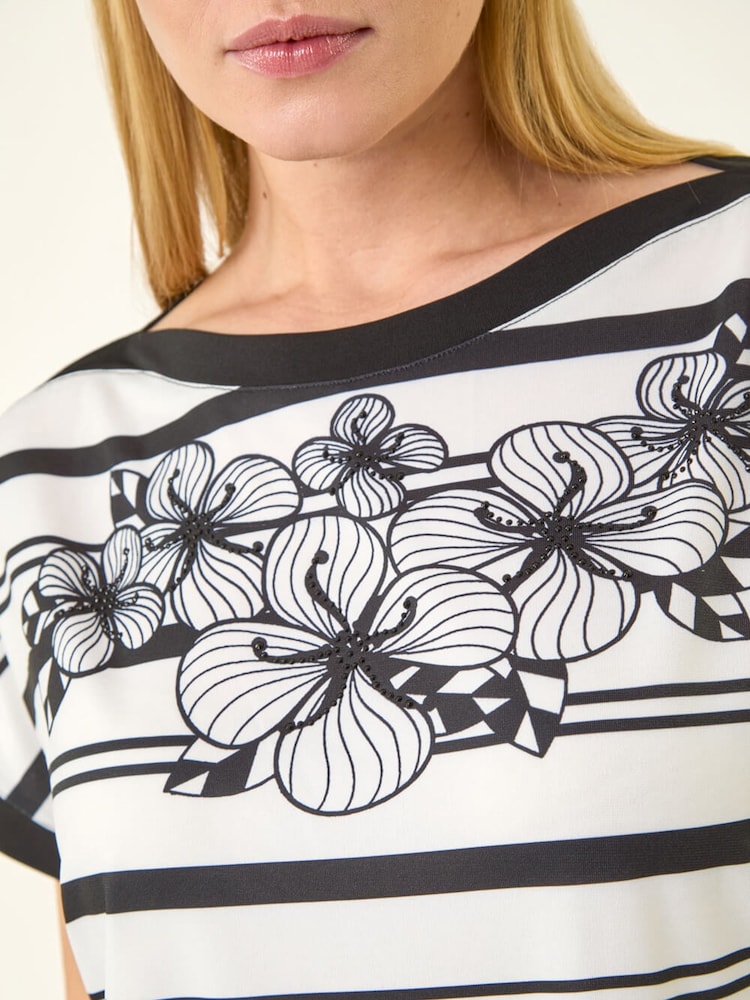 Roman Black Stripe Floral Print Stretch Top - Image 6 of 6 Roman Black Stripe Floral Print Stretch Top - Image 6 of 6