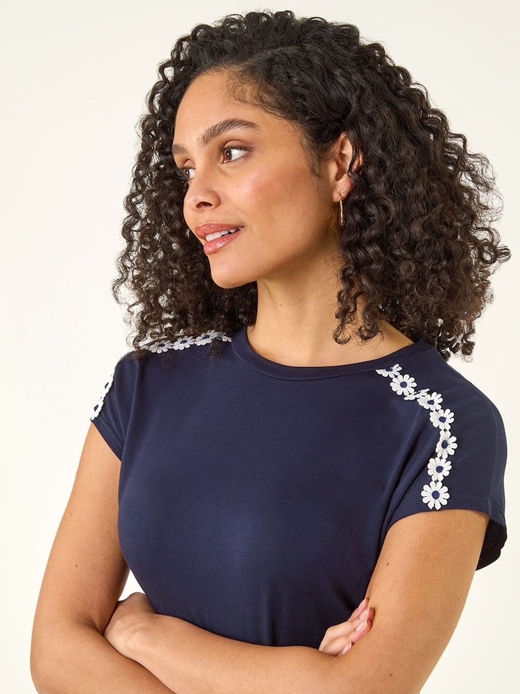 Roman Blue Daisy Shoulder Trim Top - Image 1 of 5 Roman Blue Daisy Shoulder Trim Top - Image 1 of 5