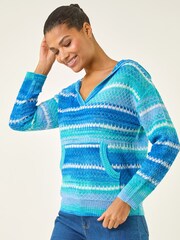 Roman Blue Textured V-Neck Knit Hoodie - Image 2 of 5
