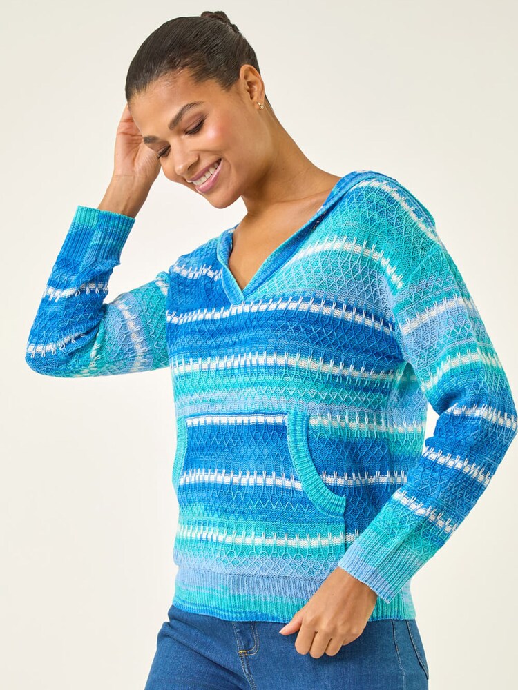 Roman Blue Textured V-Neck Knit Hoodie - Image 2 of 5