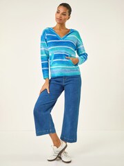 Roman Blue Textured V-Neck Knit Hoodie - Image 3 of 5