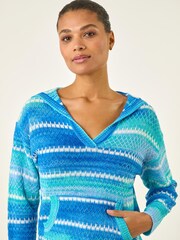 Roman Blue Textured V-Neck Knit Hoodie - Image 4 of 5