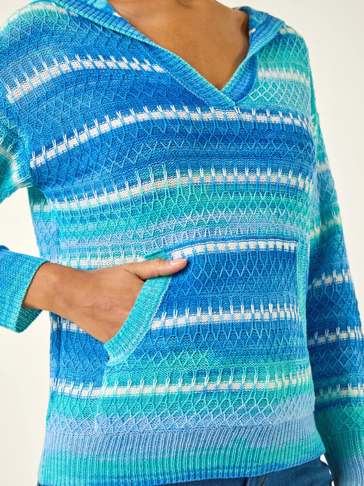 Roman Blue Textured V-Neck Knit Hoodie - Image 5 of 5
