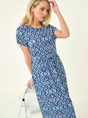 أزرق - Roman Petite Abstract Gathered Waist Dress - Image 1 of 5