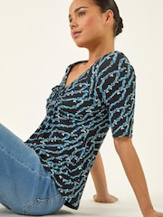 Roman Blue Petite Abstract Print Drawstring Top - Image 1 of 5