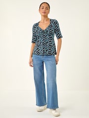 Roman Blue Petite Abstract Print Drawstring Top - Image 2 of 5