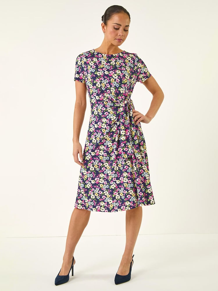 Roman Blue Petite Floral Side Tie Midi Dress - Image 2 of 5