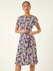 Roman Blue Petite Floral Side Tie Midi Dress - Image 4 of 5