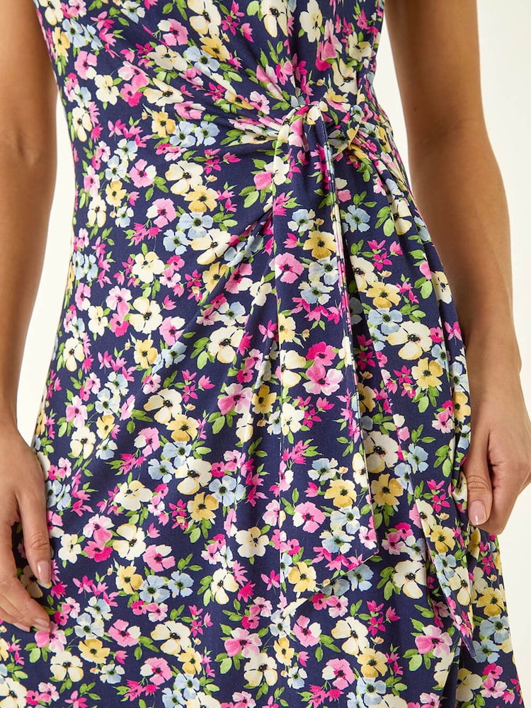 Roman Blue Petite Floral Side Tie Midi Dress - Image 5 of 5