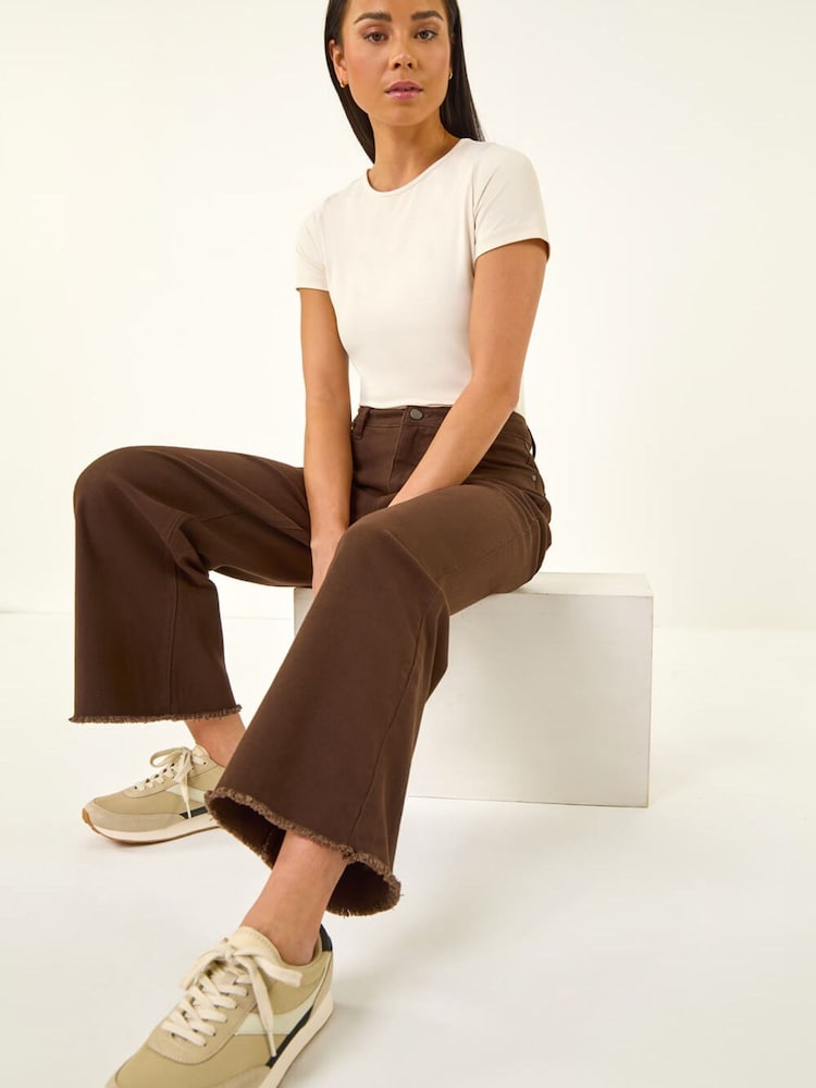 Roman Brown Petite Cotton Frayed Hem Trousers - Image 1 of 5