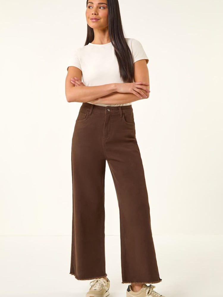 Roman Brown Petite Cotton Frayed Hem Trousers - Image 2 of 5