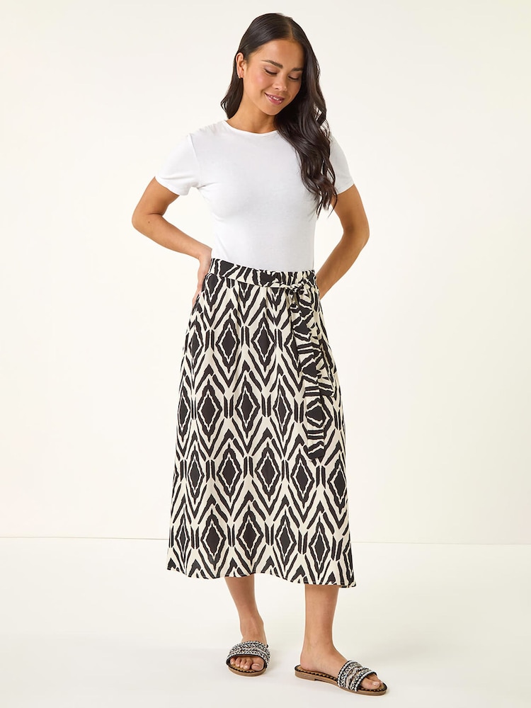 Roman Black Petite Geo Print Tie Waist Midi Skirt - Image 2 of 5 Roman Black Petite Geo Print Tie Waist Midi Skirt - Image 2 of 5