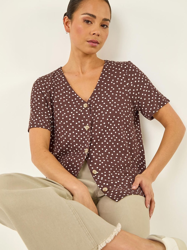 Roman Brown Petite Spot V-Neck Blouse - Image 1 of 5