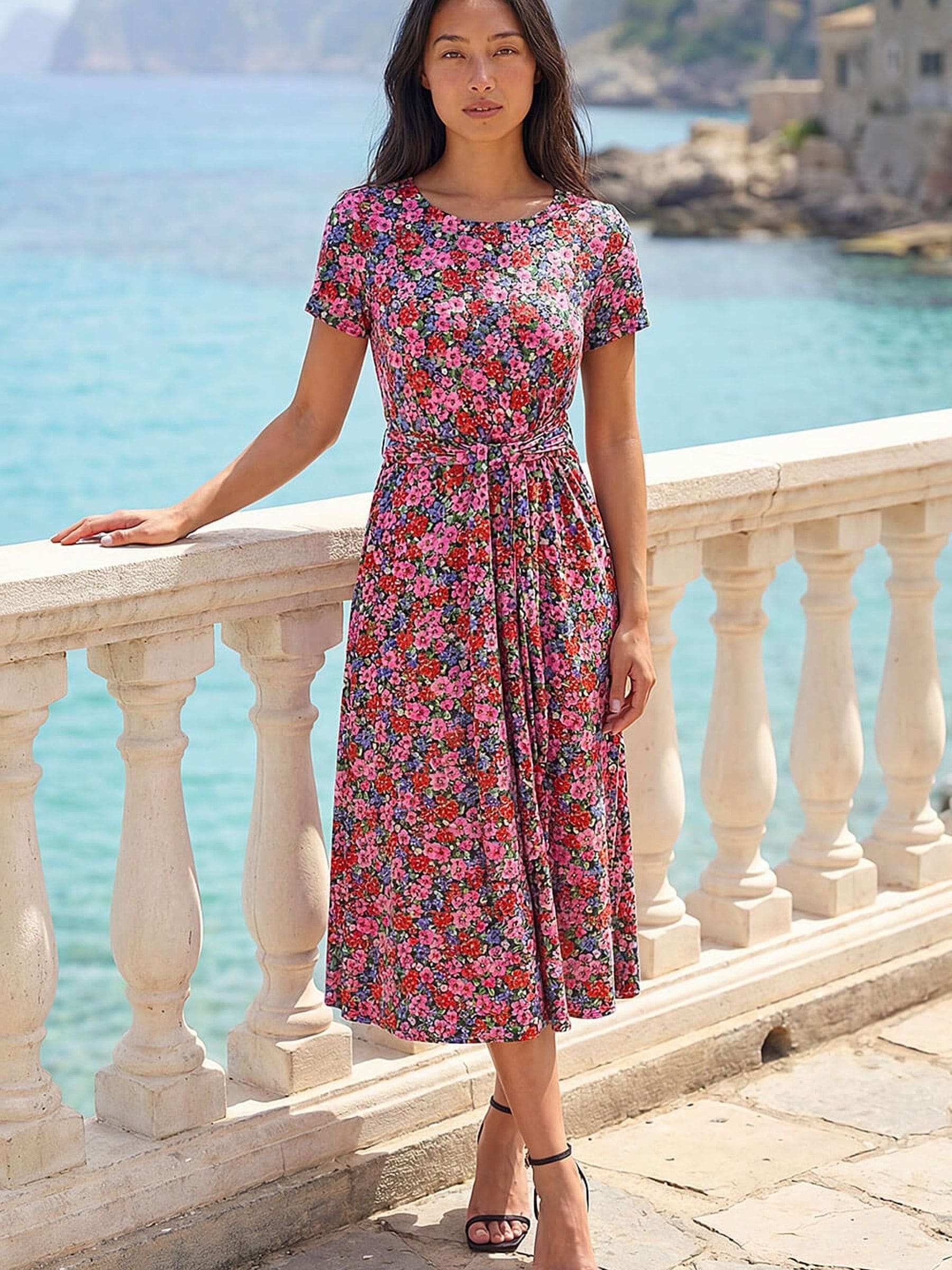 Roman Women's Red Petite Floral Tie Front Stretch Midi Dress