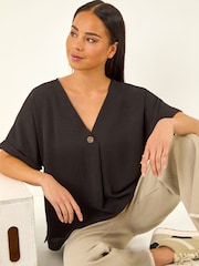 Roman Black Petite One Buttoned V-Neck Top - Image 1 of 5