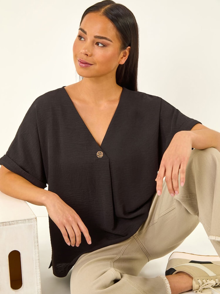 Roman Black Petite One Buttoned V-Neck Top - Image 1 of 5